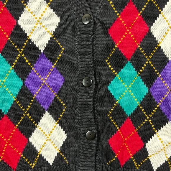 Vintage 90s Argyle Cardigan Womens L Black Cotton Eclectic Grandpa Ugly Sweater - Picture 2 of 9